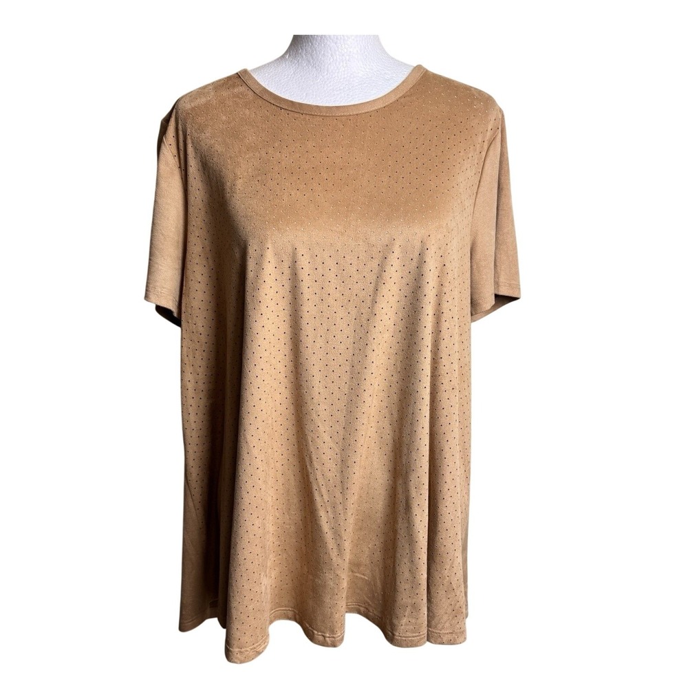 Cha Cha Vente Camel Faux Suede Laser Cut‎ Tunic Top Large Boho Western NWT